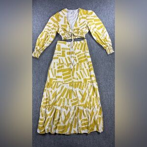 House of Harlow 1960 Long Sleeve Linen Crop Top With Tiered Maxi Skirt Set Small